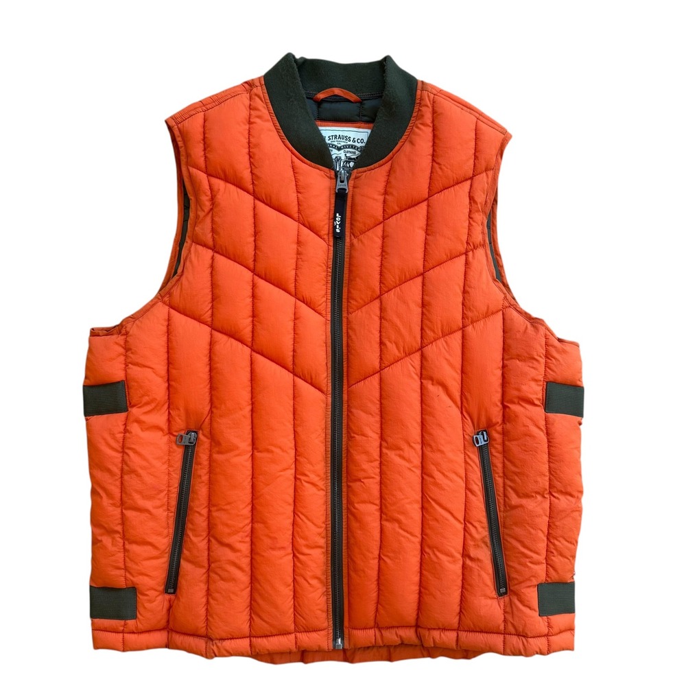 Levis Mens Puffer Vest XL Orange Quilted Full Zip Sleeveless Jacket
